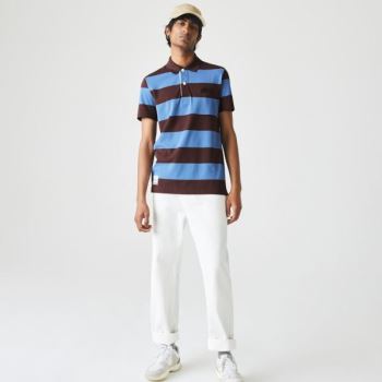 Lacoste Regular Fit Striped Cotton Piqué Polo Shirt Pánské - Polo Hnědé / Blankyt | CZ-RShDnY